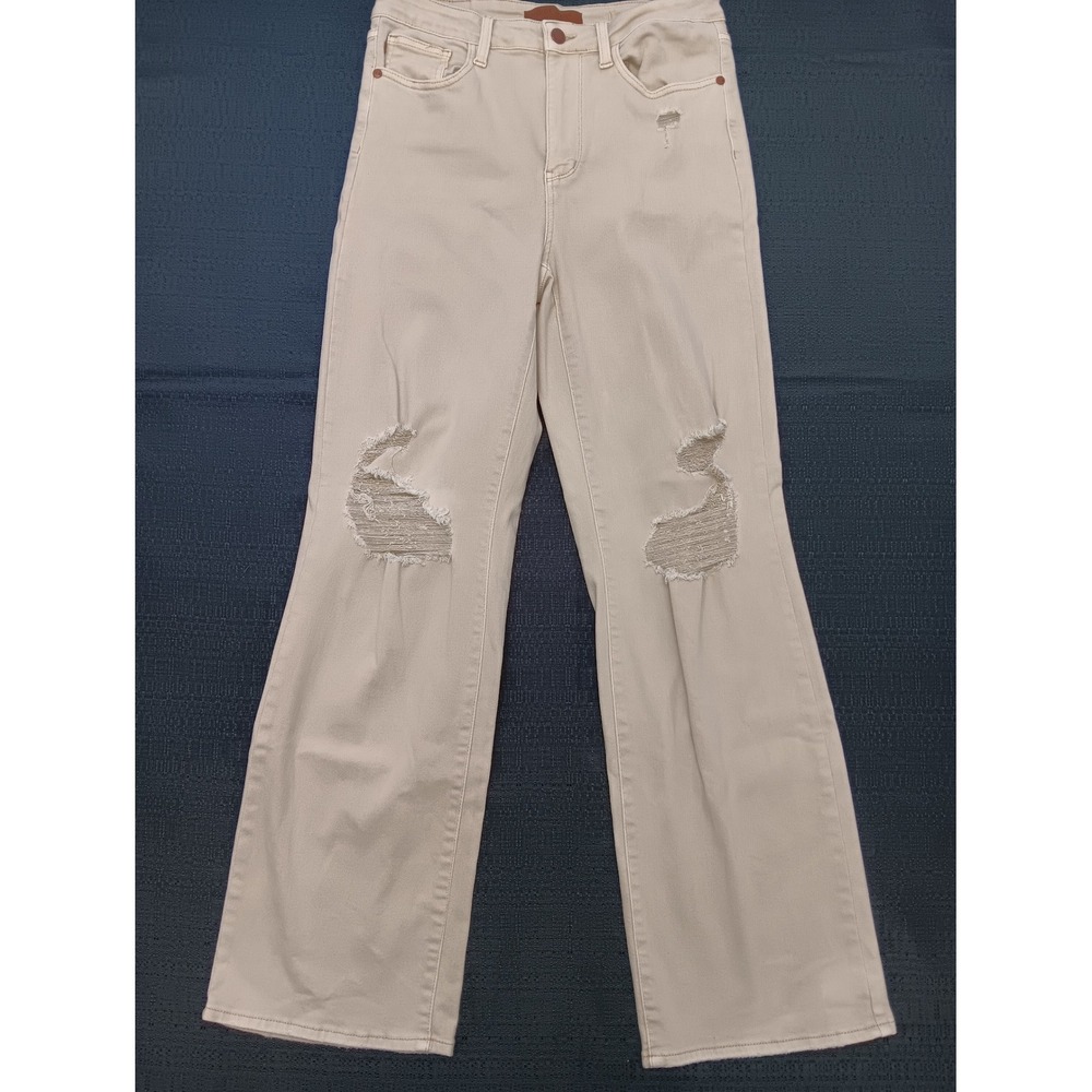 Judy Blue Los Angeles Beige Distressed Wide Leg Garment Dyed Jeans 11/30 Cream